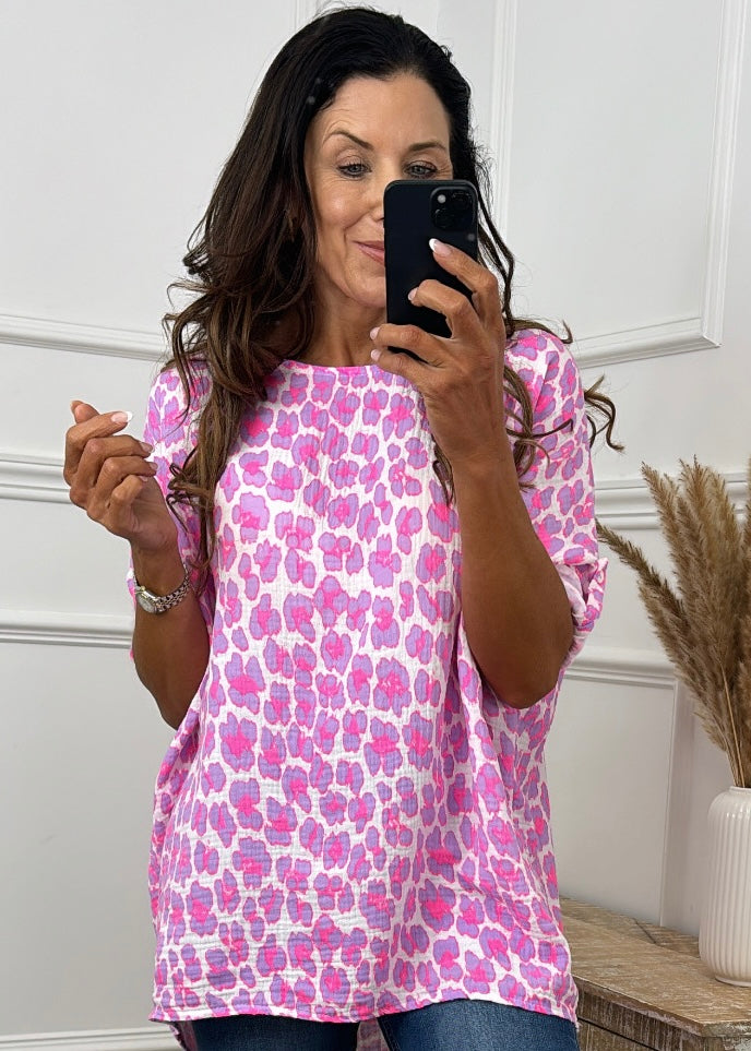 Megan Pink Leopard Print Top