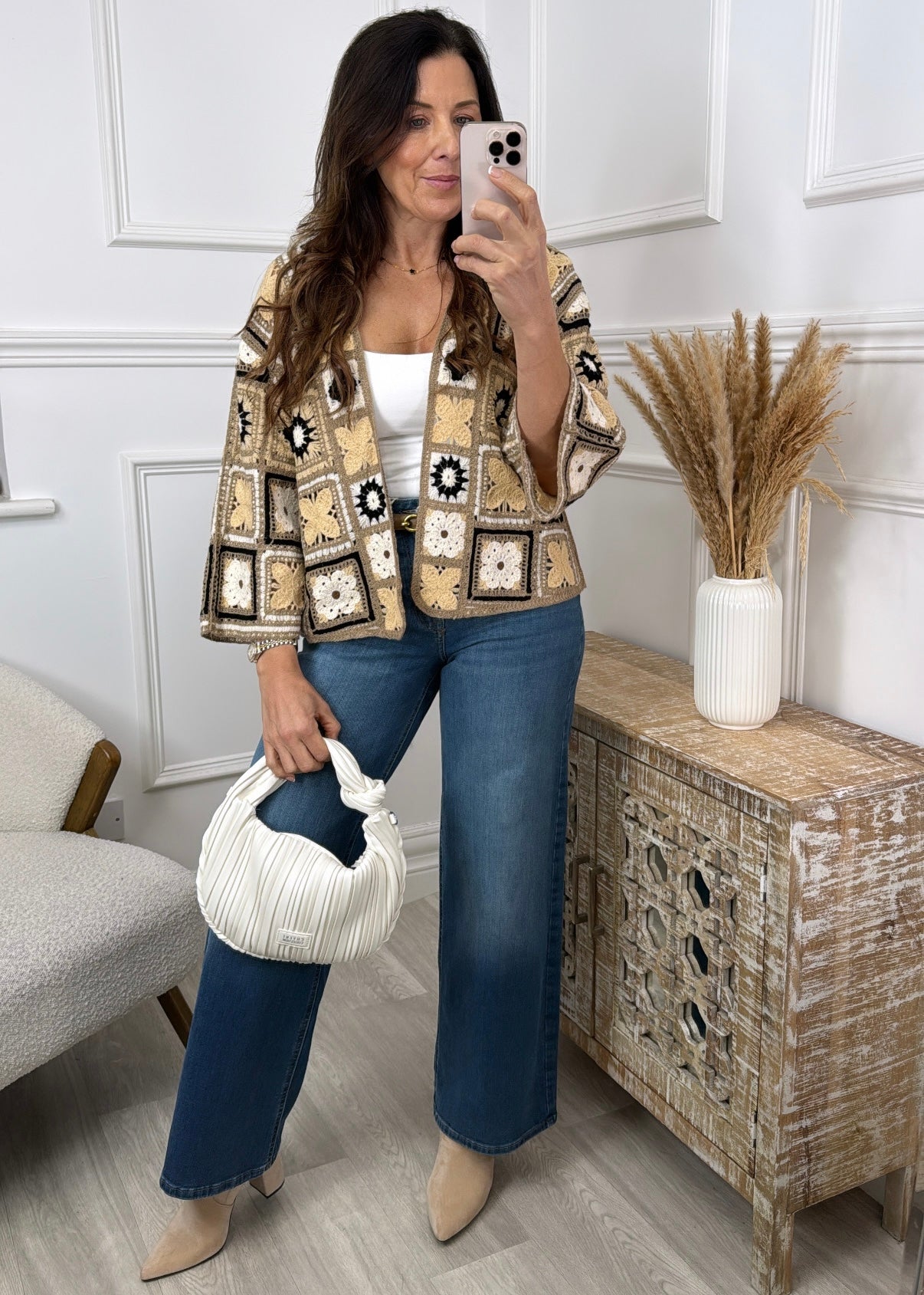 Vera Beige Flower Crochet Knit Cardigan