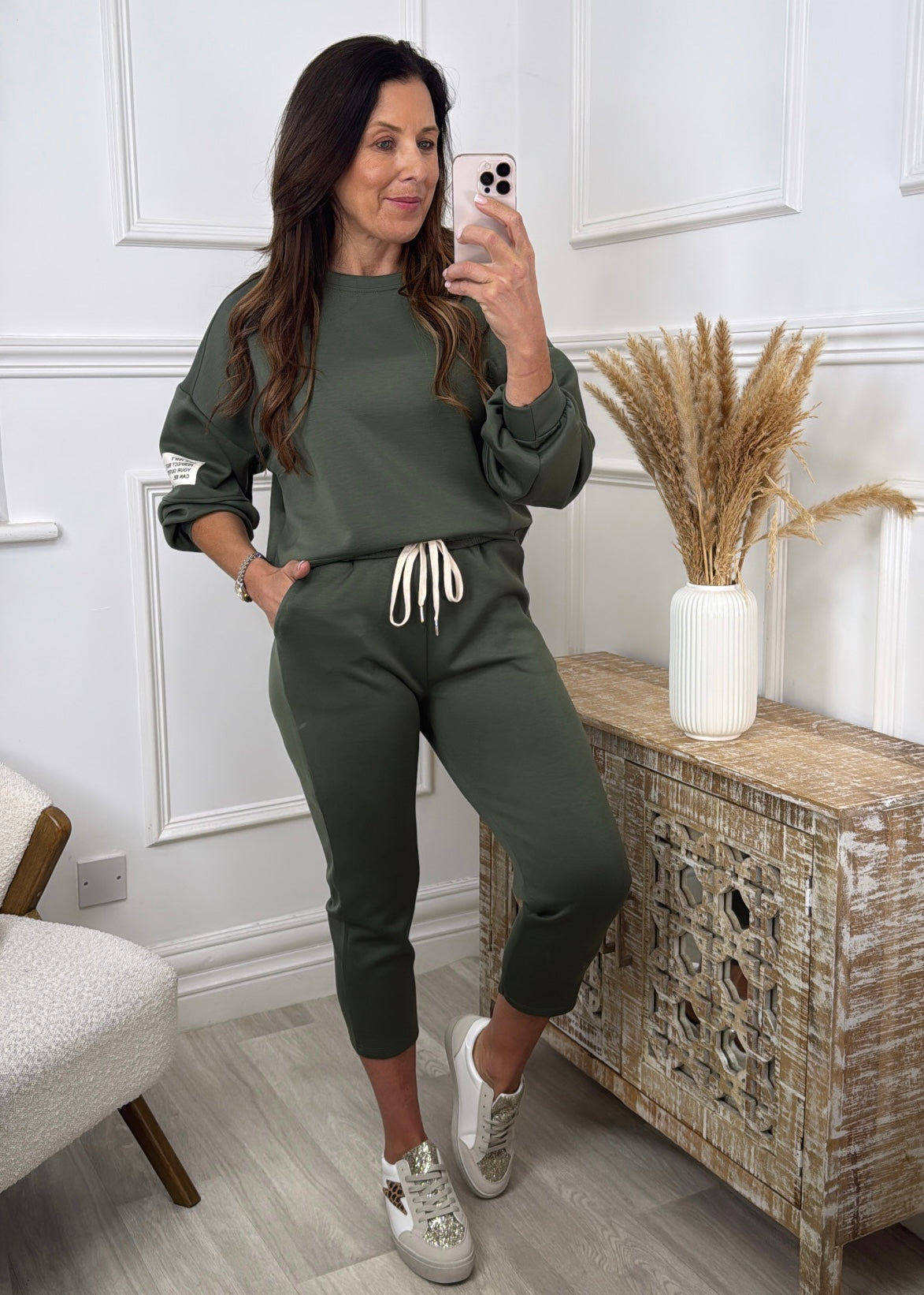Liana Khaki Dropped Sleeve Sweatshirt Set