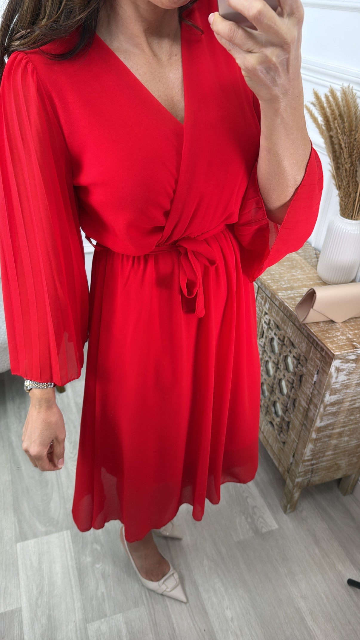 Cher Red Pleated Sleeve Wrap Dress