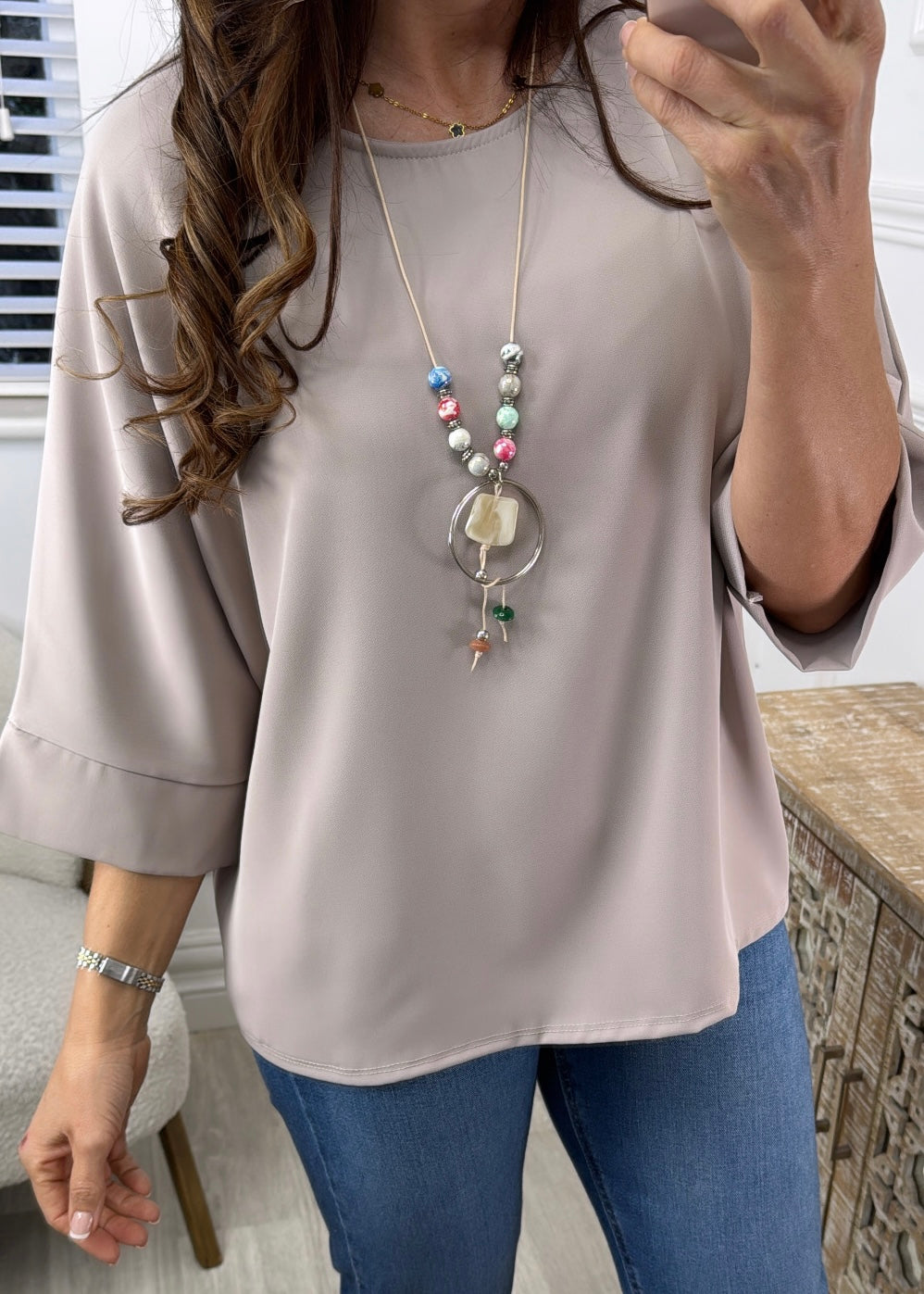 Brenna Mocha Flowing Blouse With Necklace