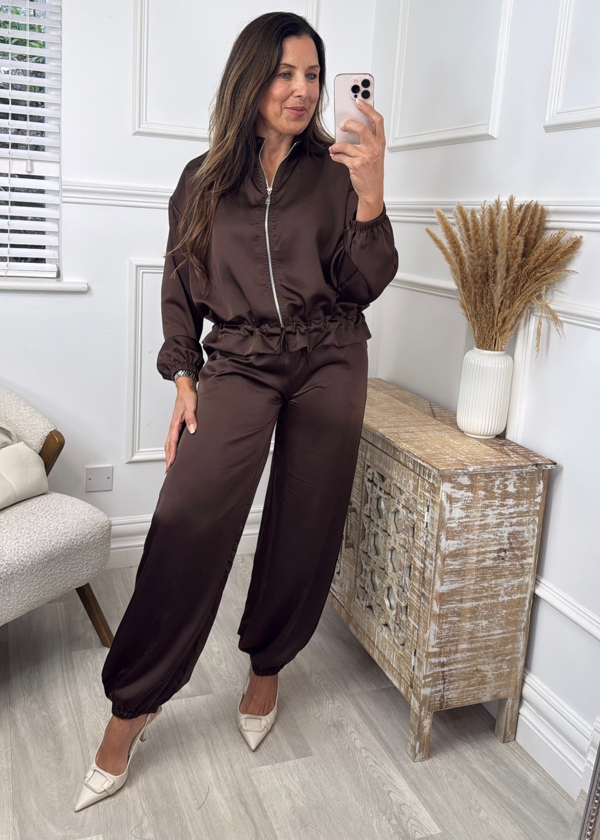 Trina Brown Satin Zip Bomber