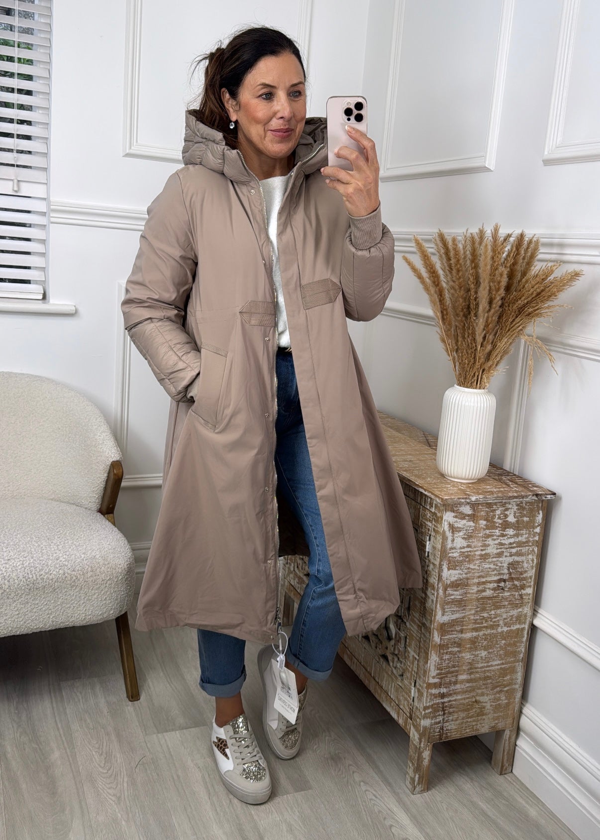 Paloma Beige Mid Length Quilted Sleeve Coat