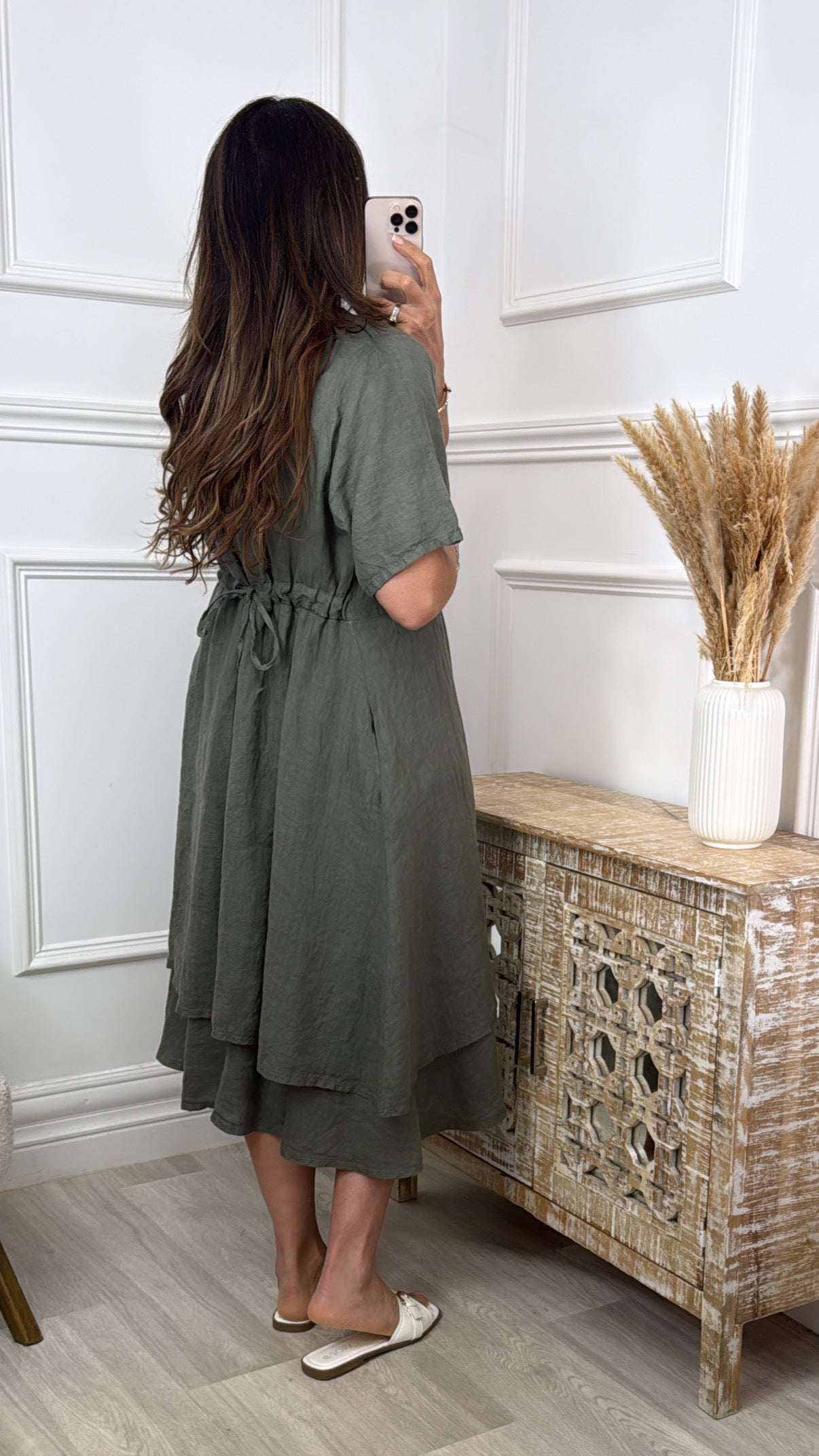 Sally Khaki Linen Midi Dress