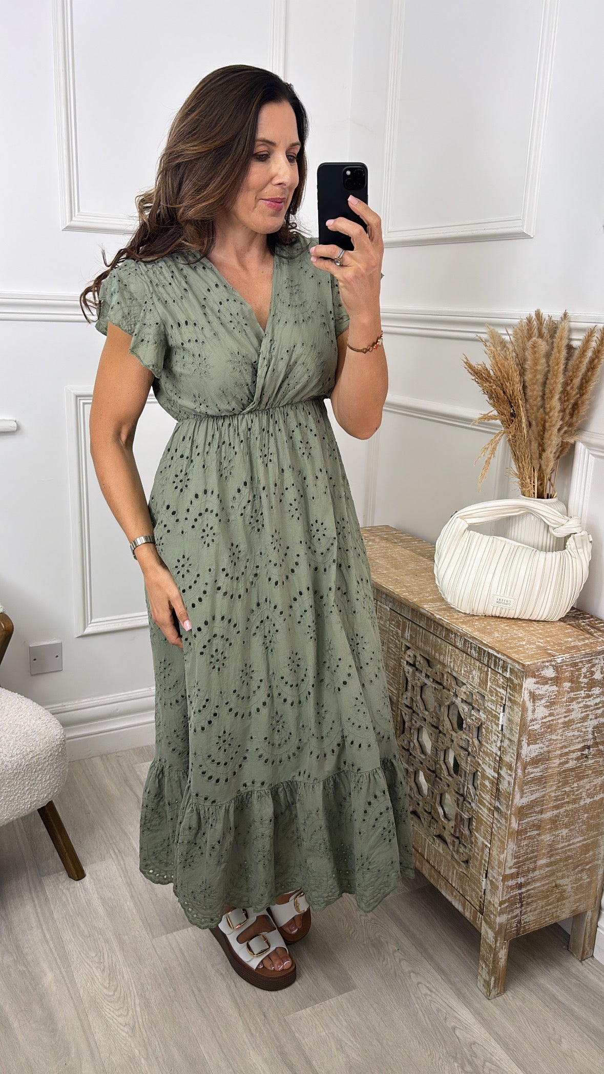 Beatrix Khaki Embroidered Eyelet Cotton Dress