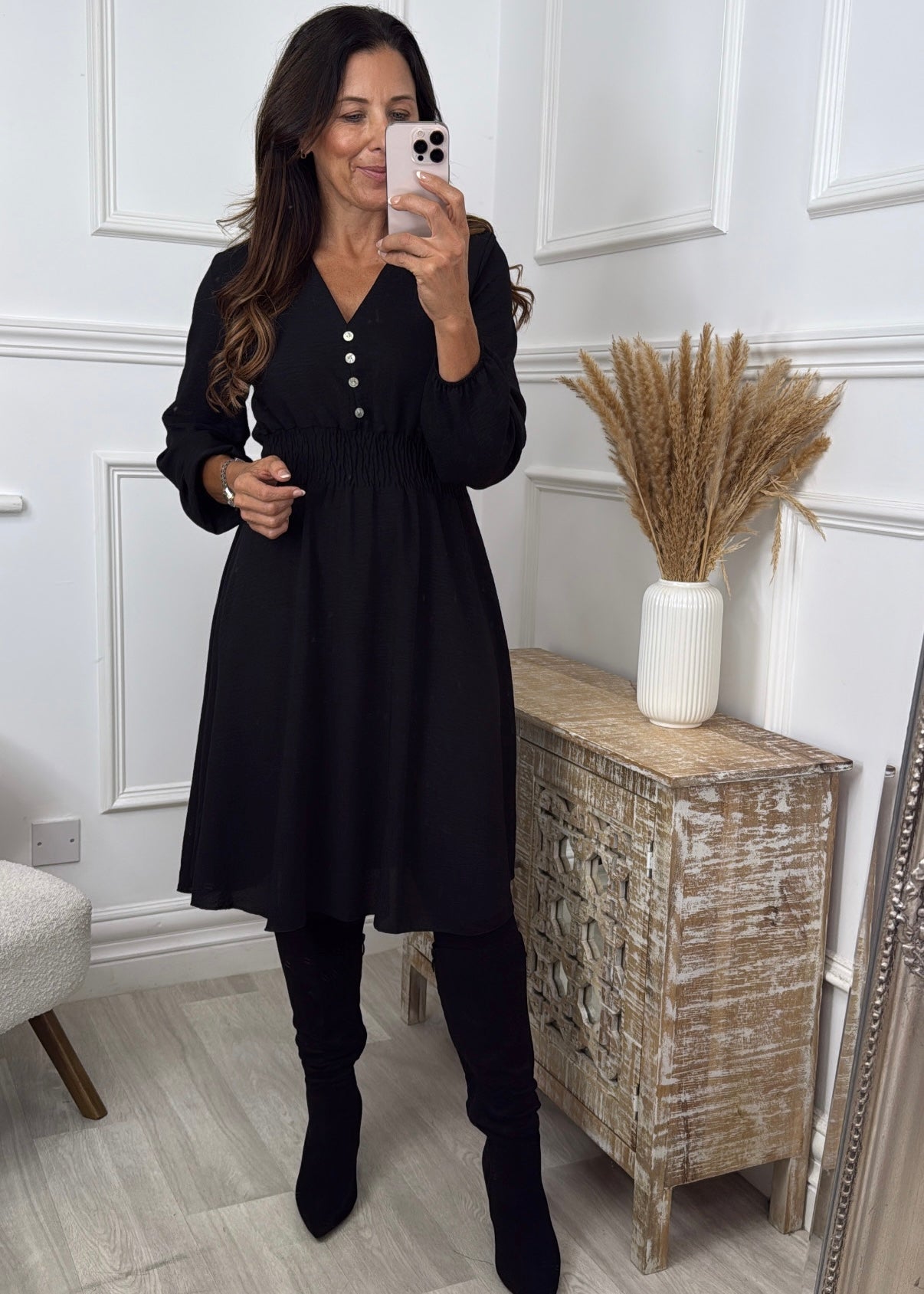 Melinda Black Shirred Waist Dress