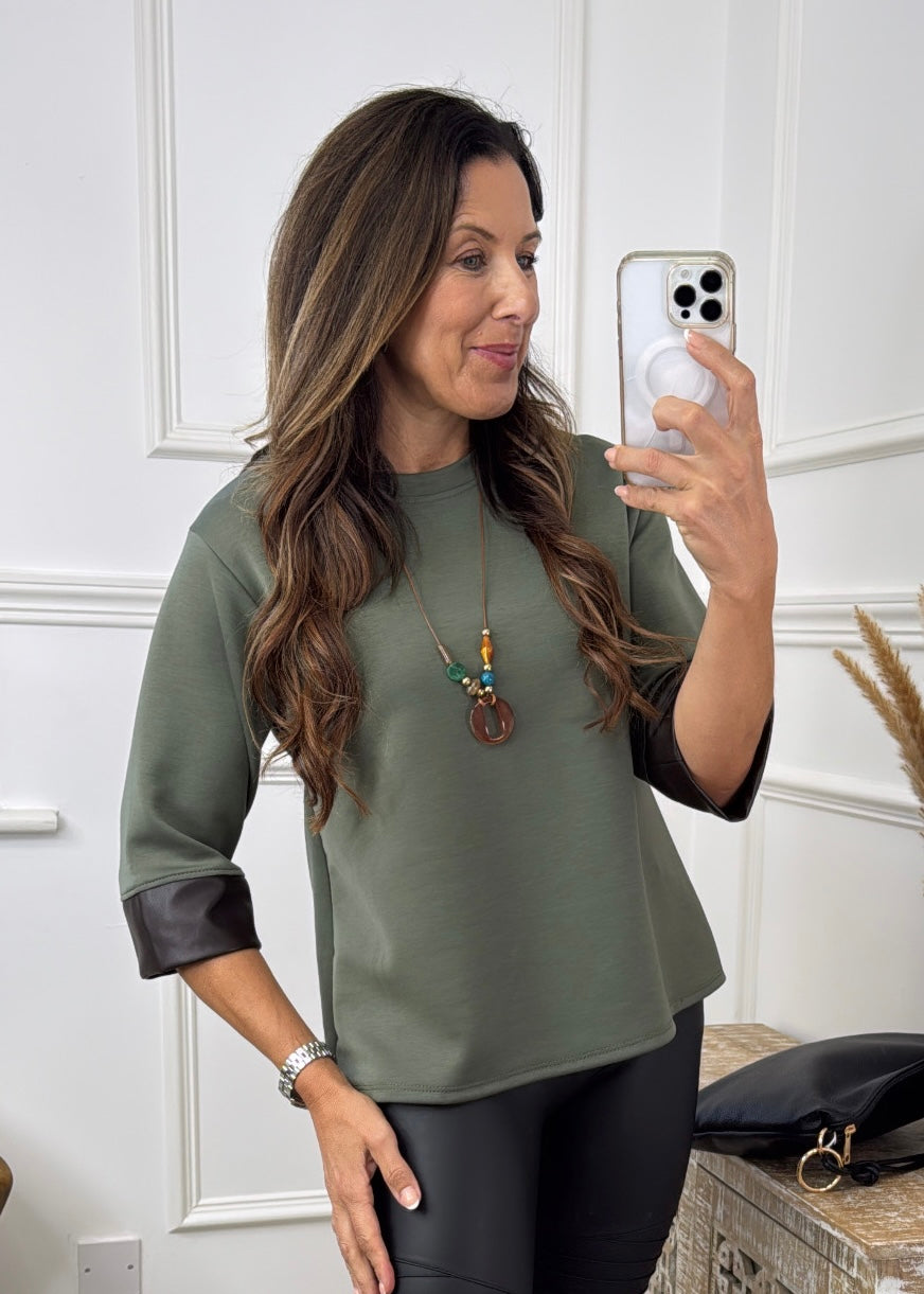 Lillian Khaki Pleather Cuff Top With Necklace