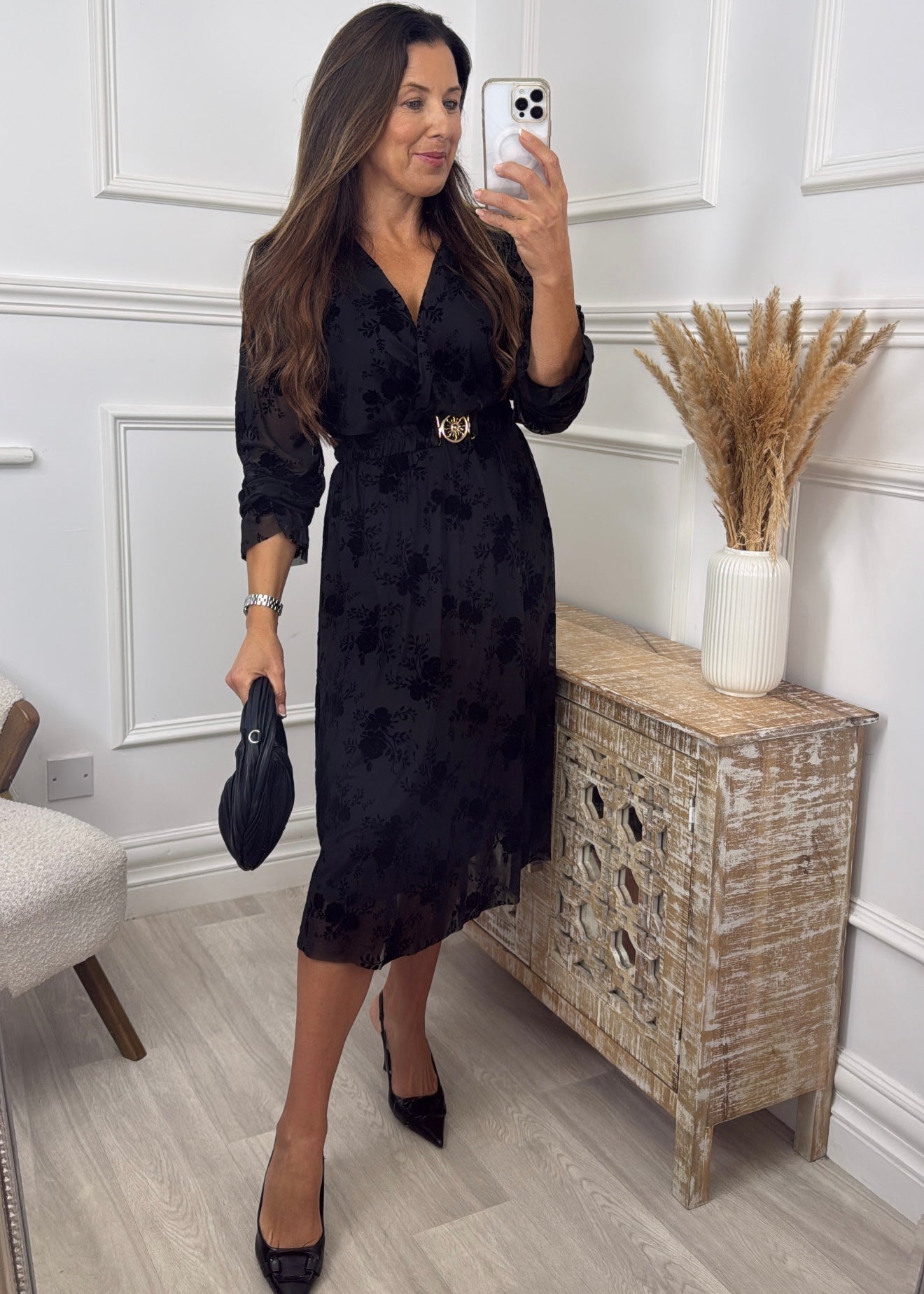 Sofia Black Floral Belted Dress