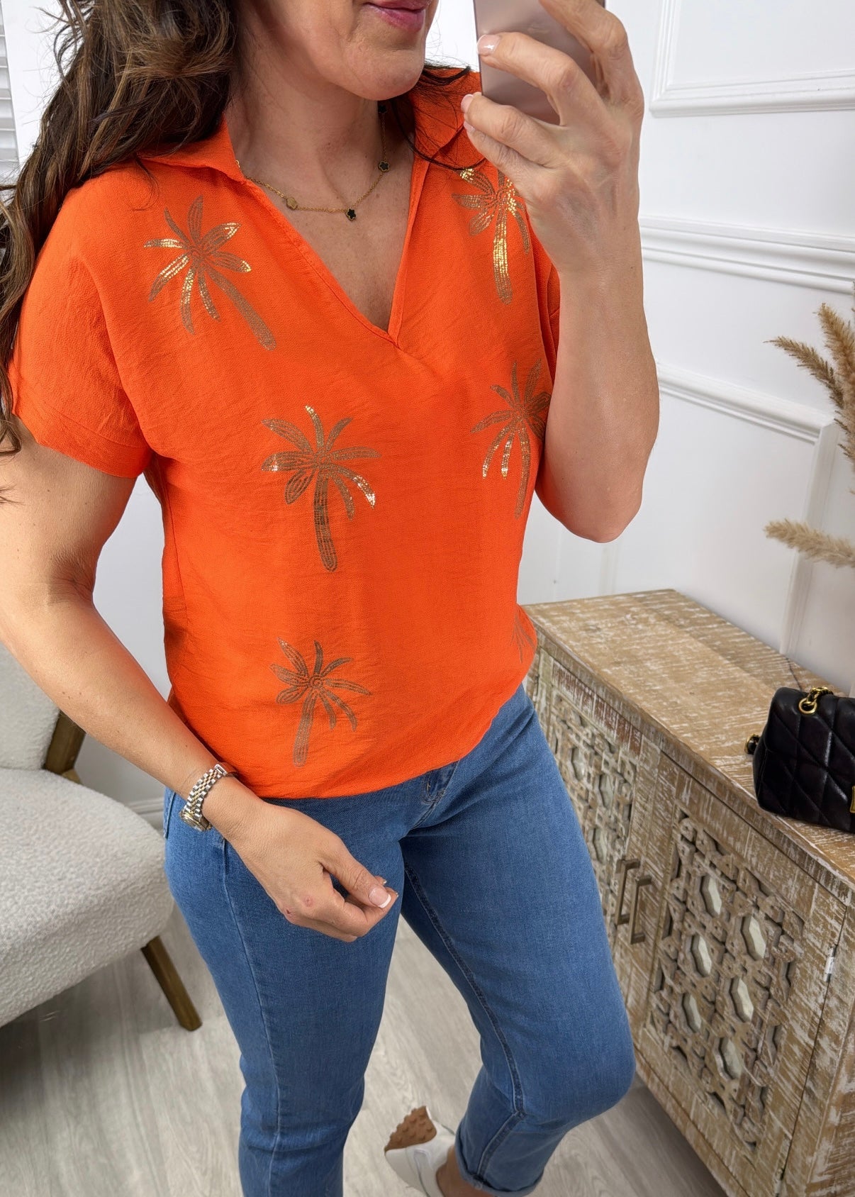 Fergy Orange Palm Print Top