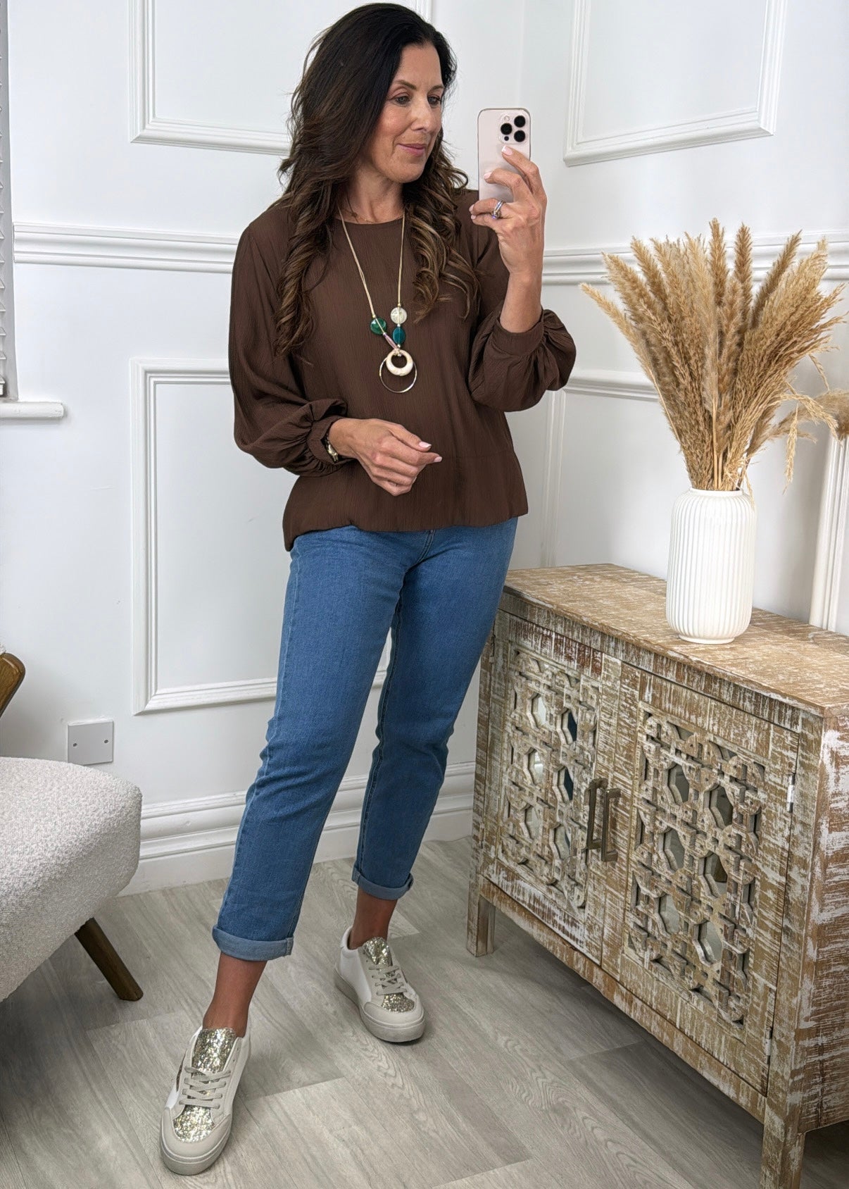 Rebel Brown Textured Blouse With Necklace