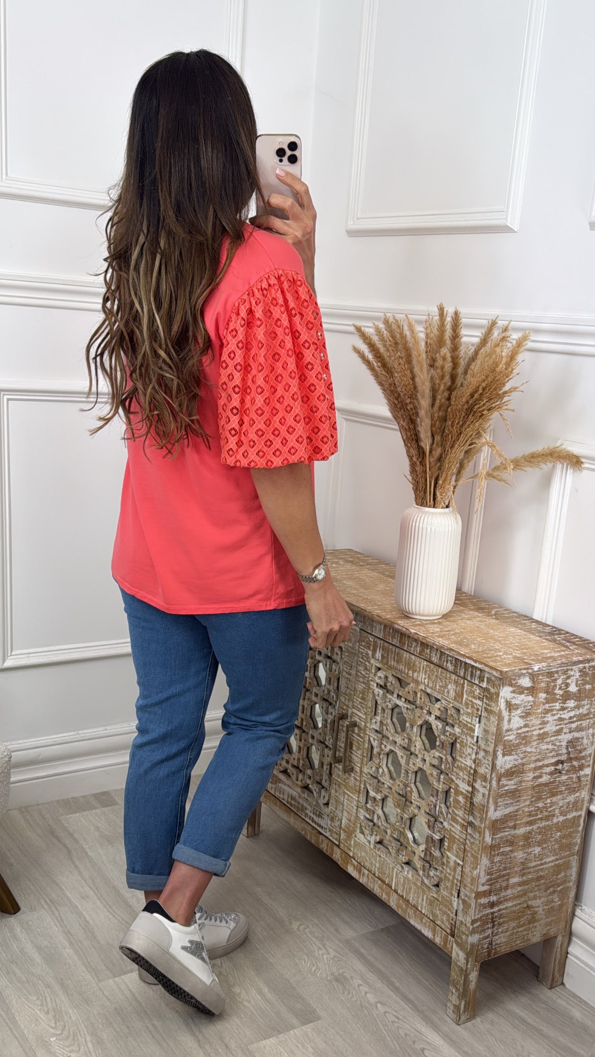 Millie Coral Broderie Sleeve Top