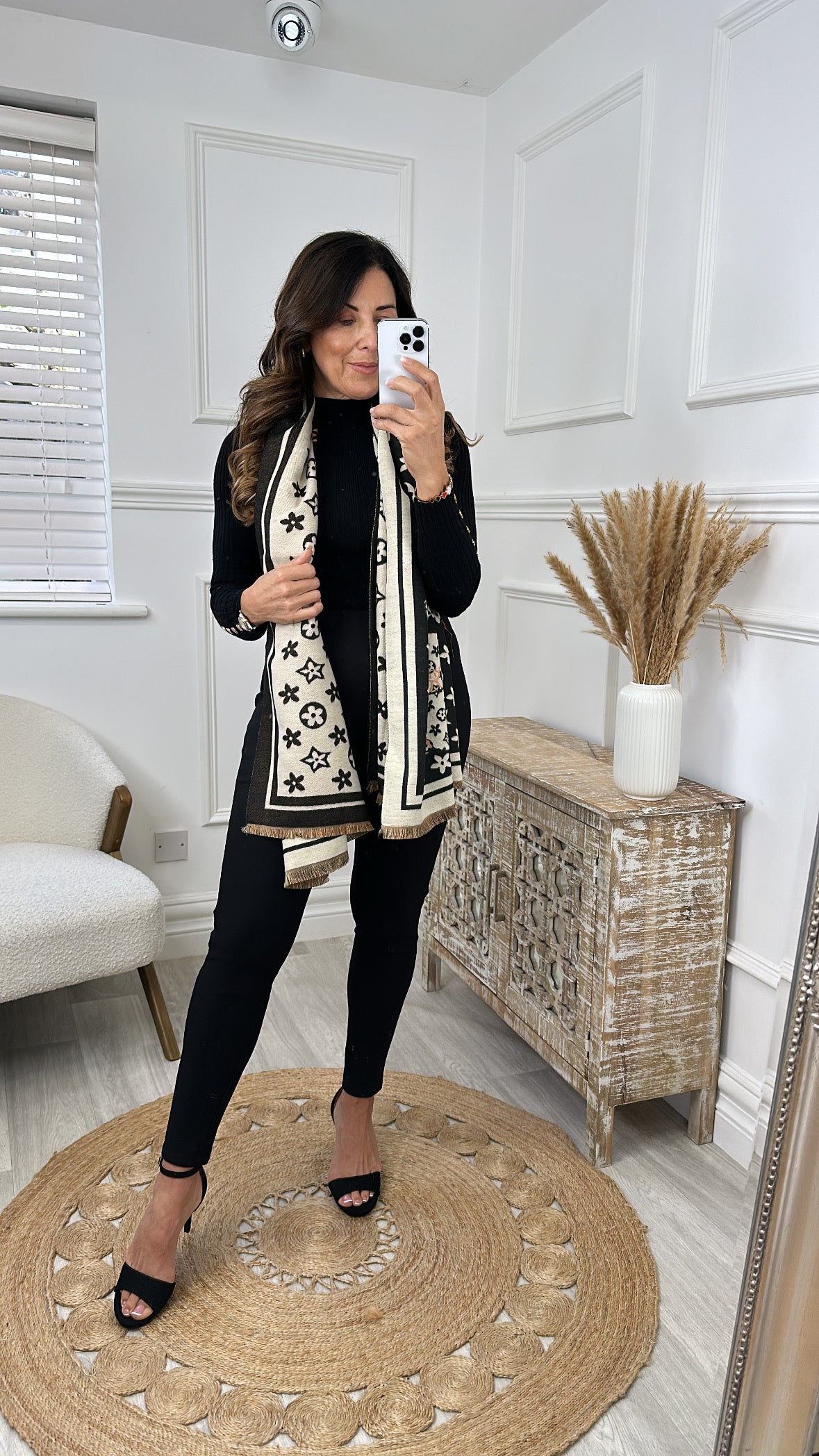 Veronica Beige And Black Pattern Scarf