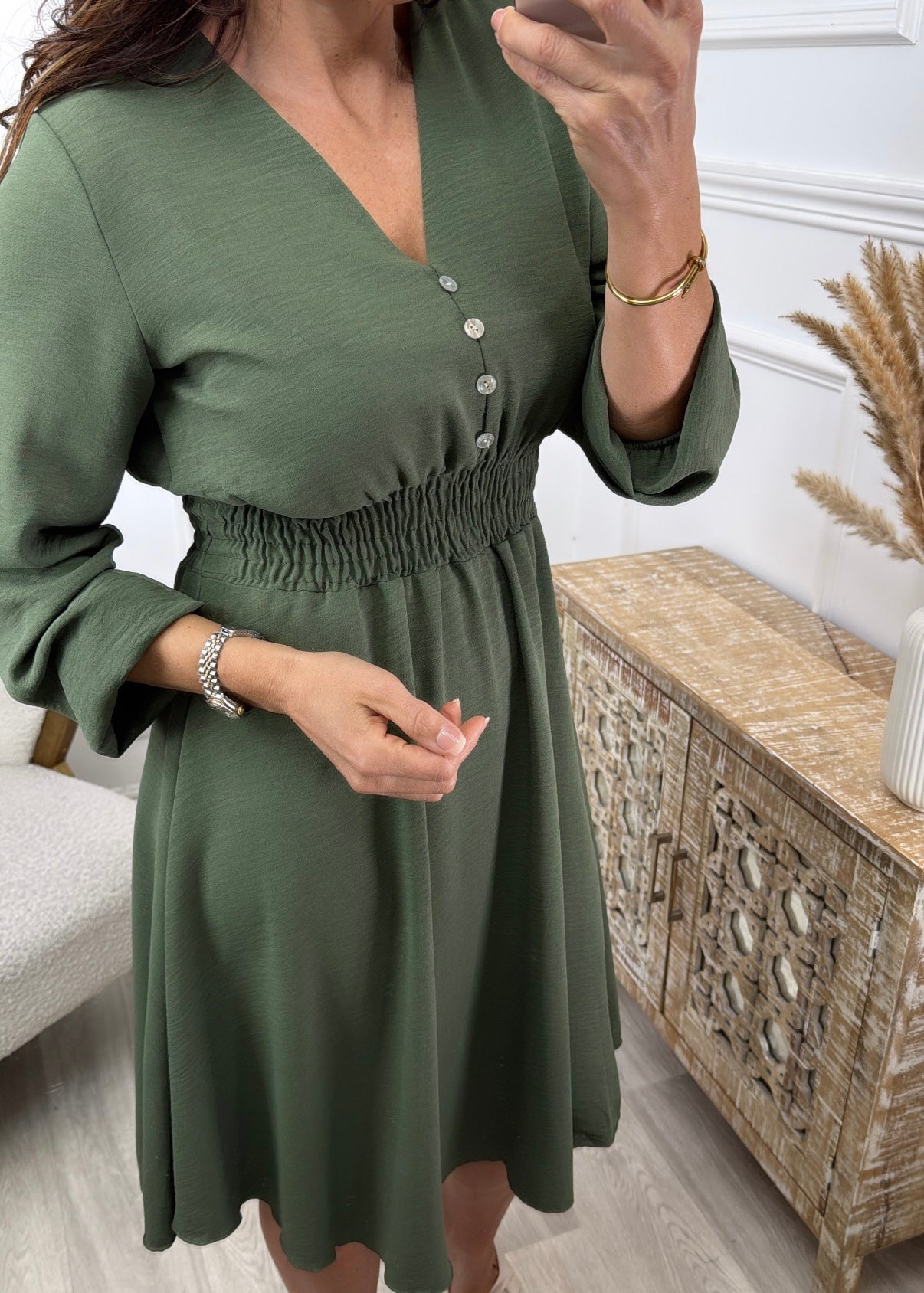 Melinda Khaki Shirred Waist Dress