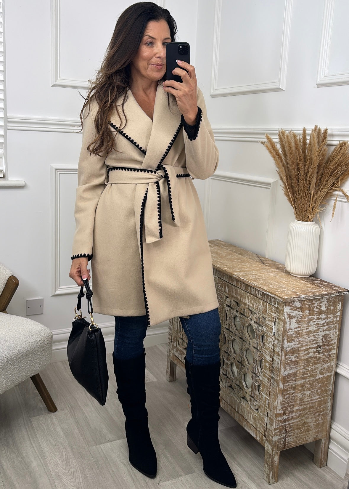 Glasha Cream Crochet Trim Wrap Coat