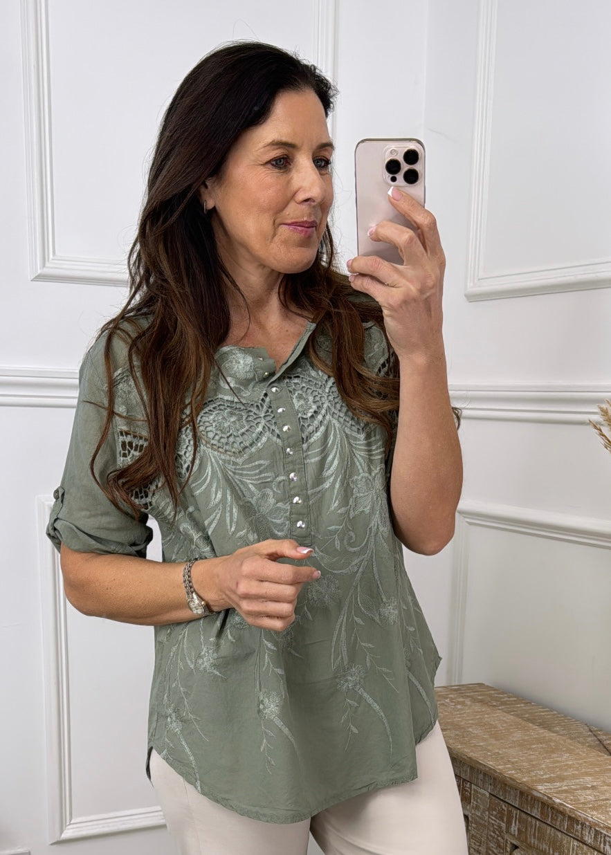 Martina Khaki Crochet Detail Blouse