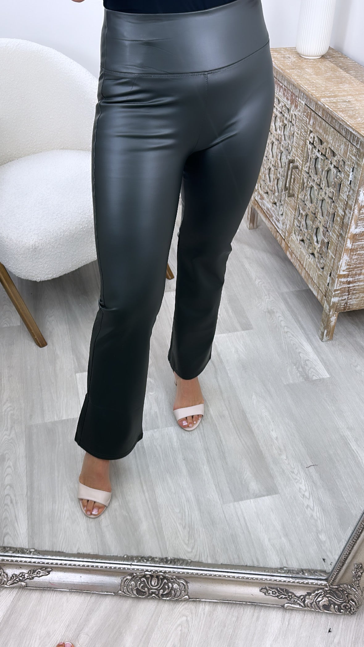 Riona Dark Green Wet Look Flared Leggings