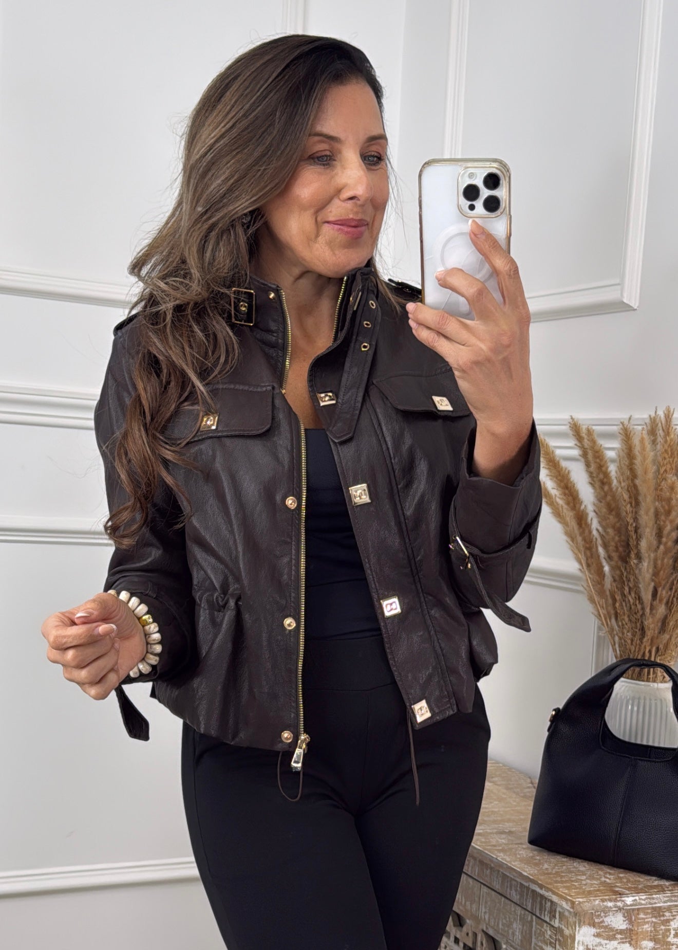 Sloane Brown Pleather Jacket with Gold Buttons