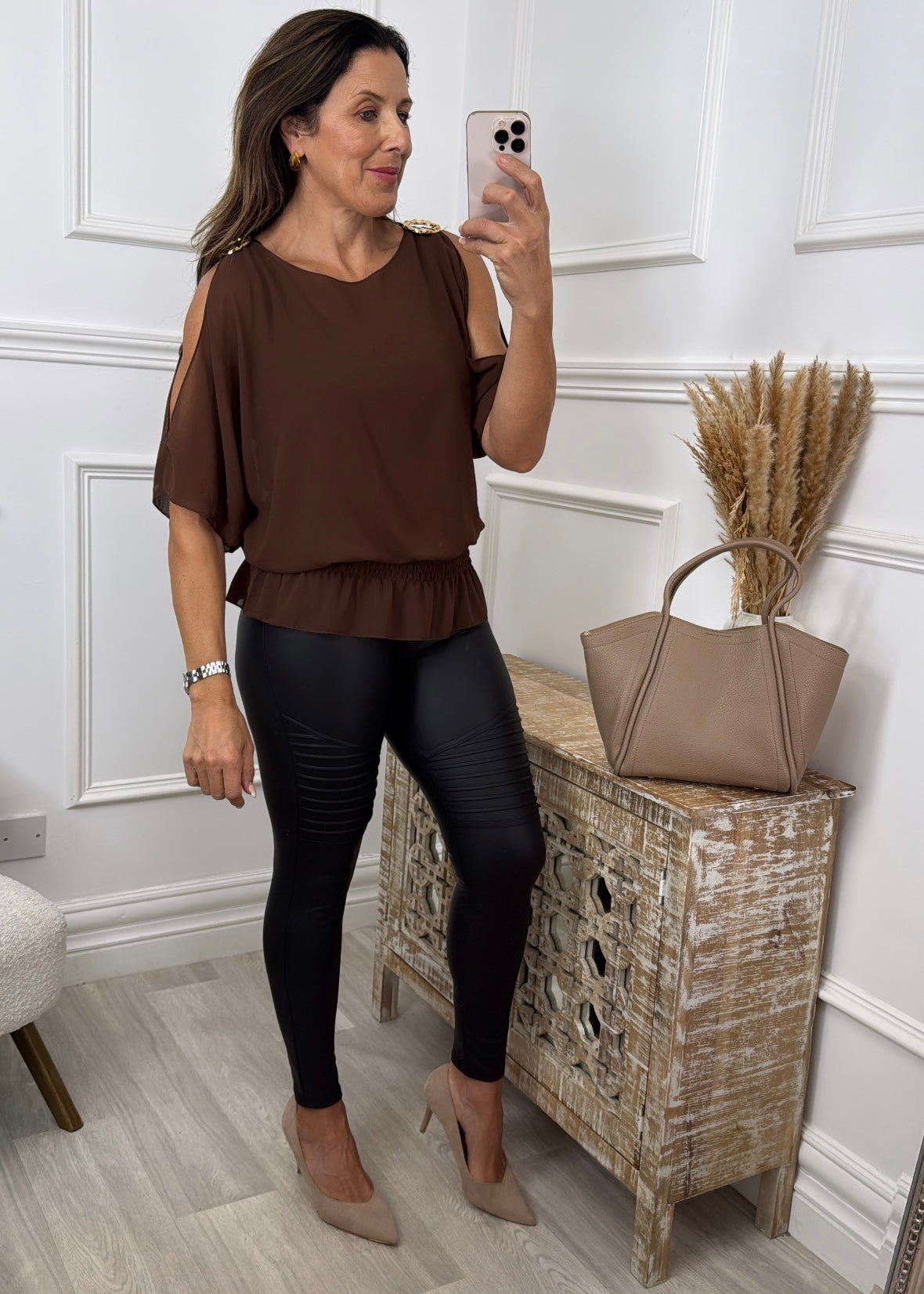 Cala Brown Open Shoulder Top