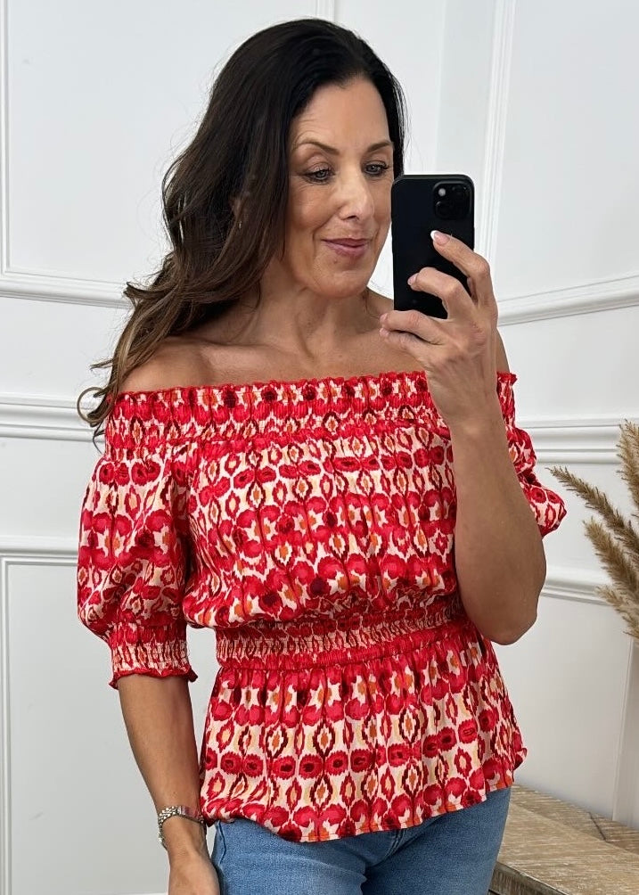Olga Red Ikat Print Peplum Blouse