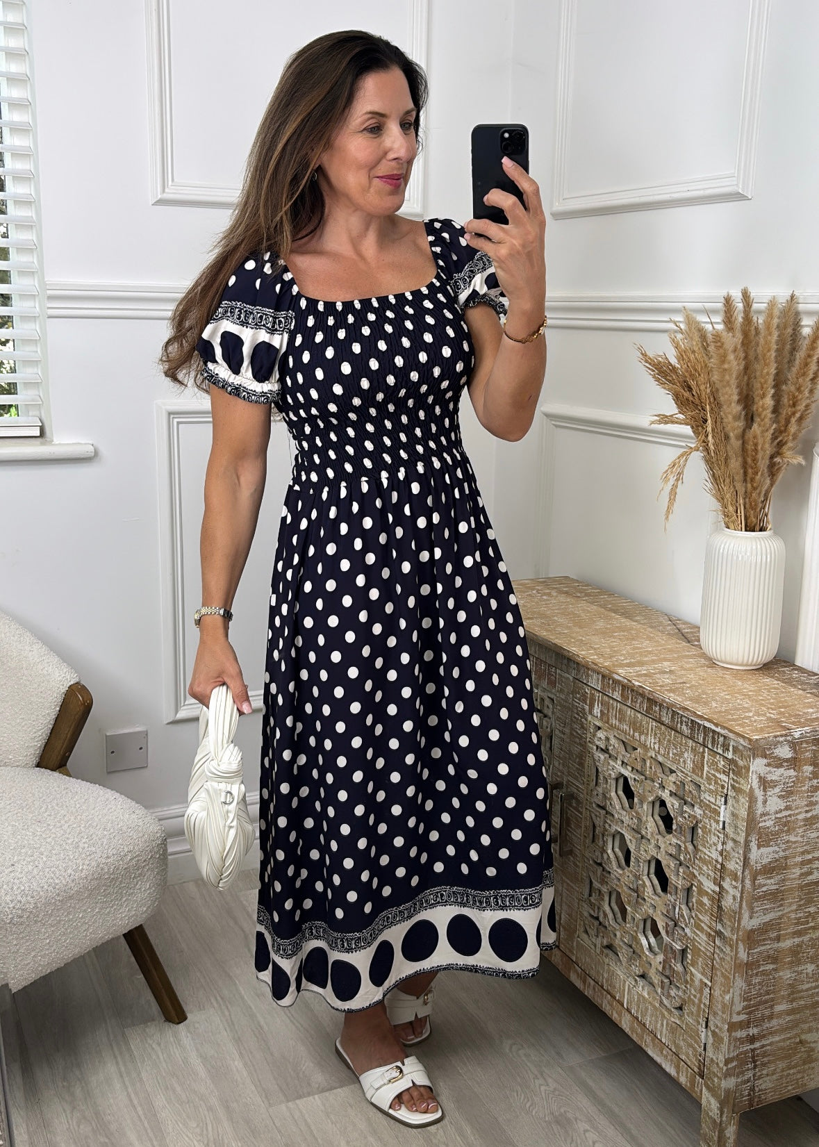 Marisse Navy Polka Dot Midi Dress