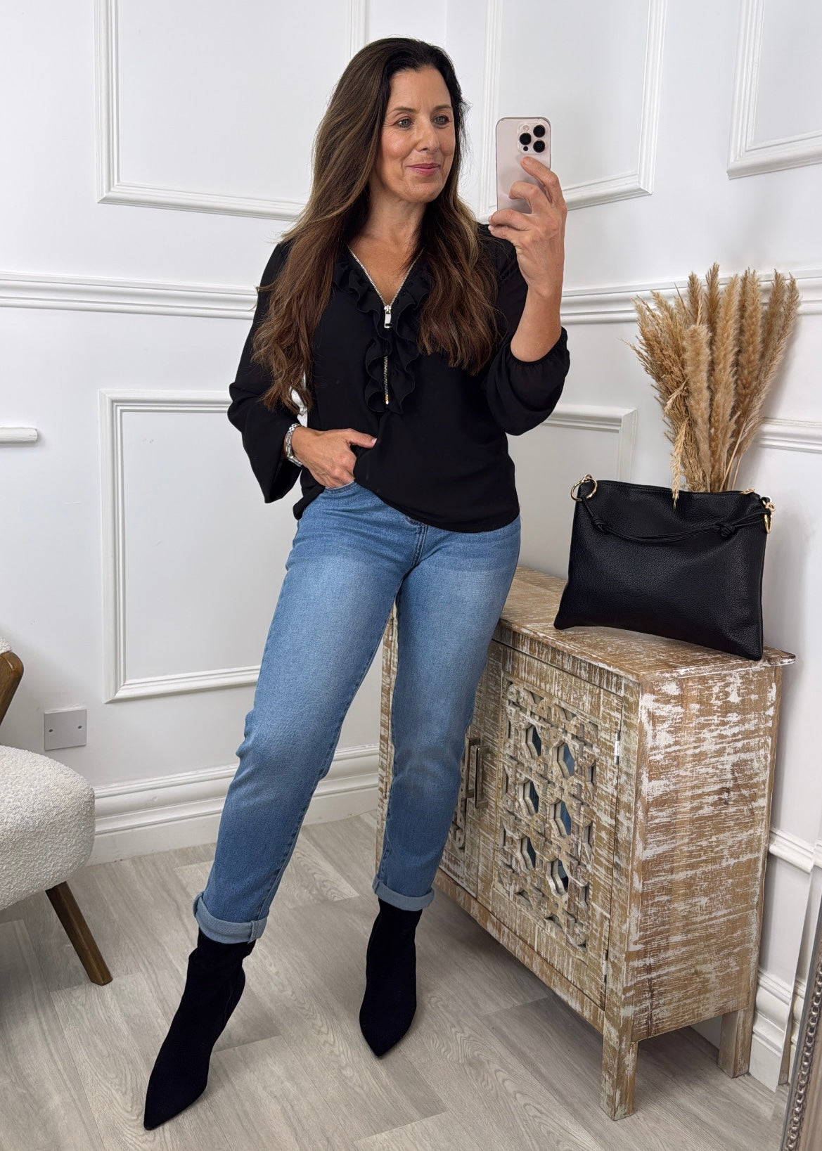 Lenora Black Ruffle and Zip Neck Top
