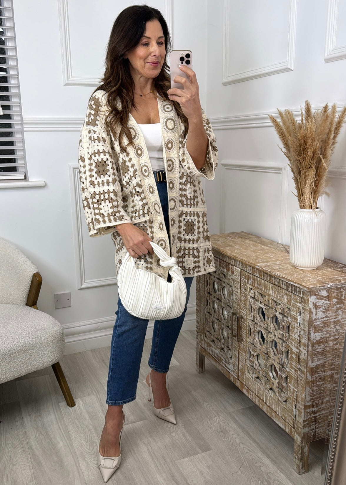 Terri Brown Crochet Knit Longline Cardi