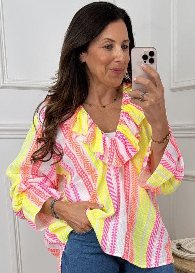 Treasa Yellow And Pink Stripe Ruffle Neck Top