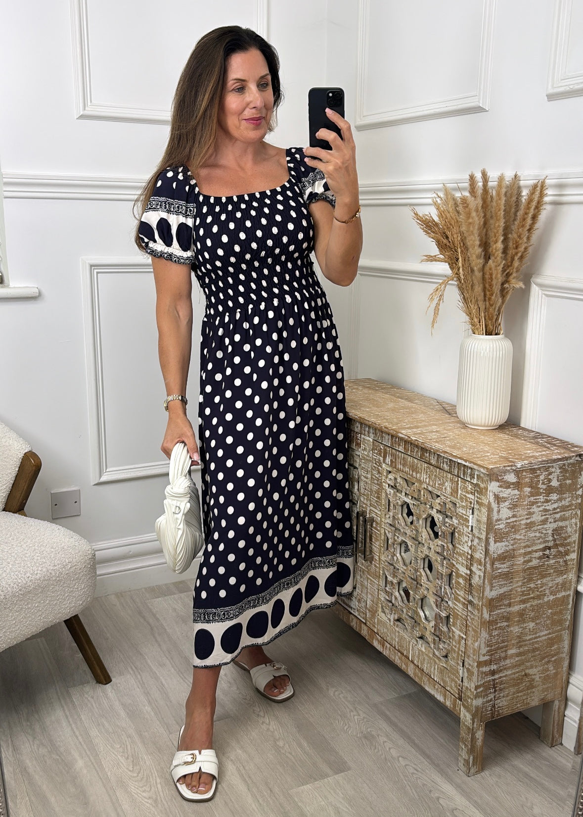 Marisse Navy Polka Dot Midi Dress