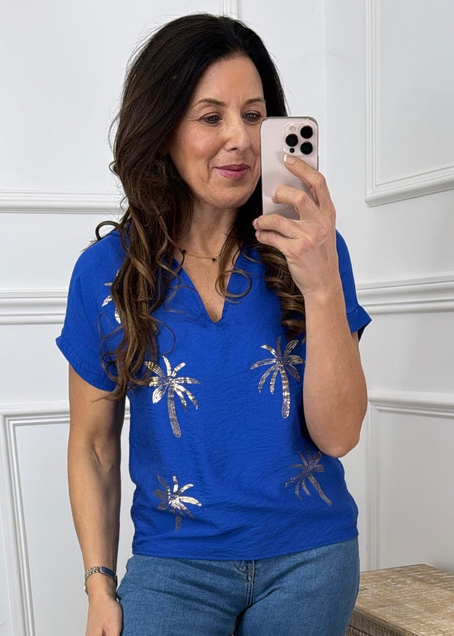 Fergy Blue Palm Print Top
