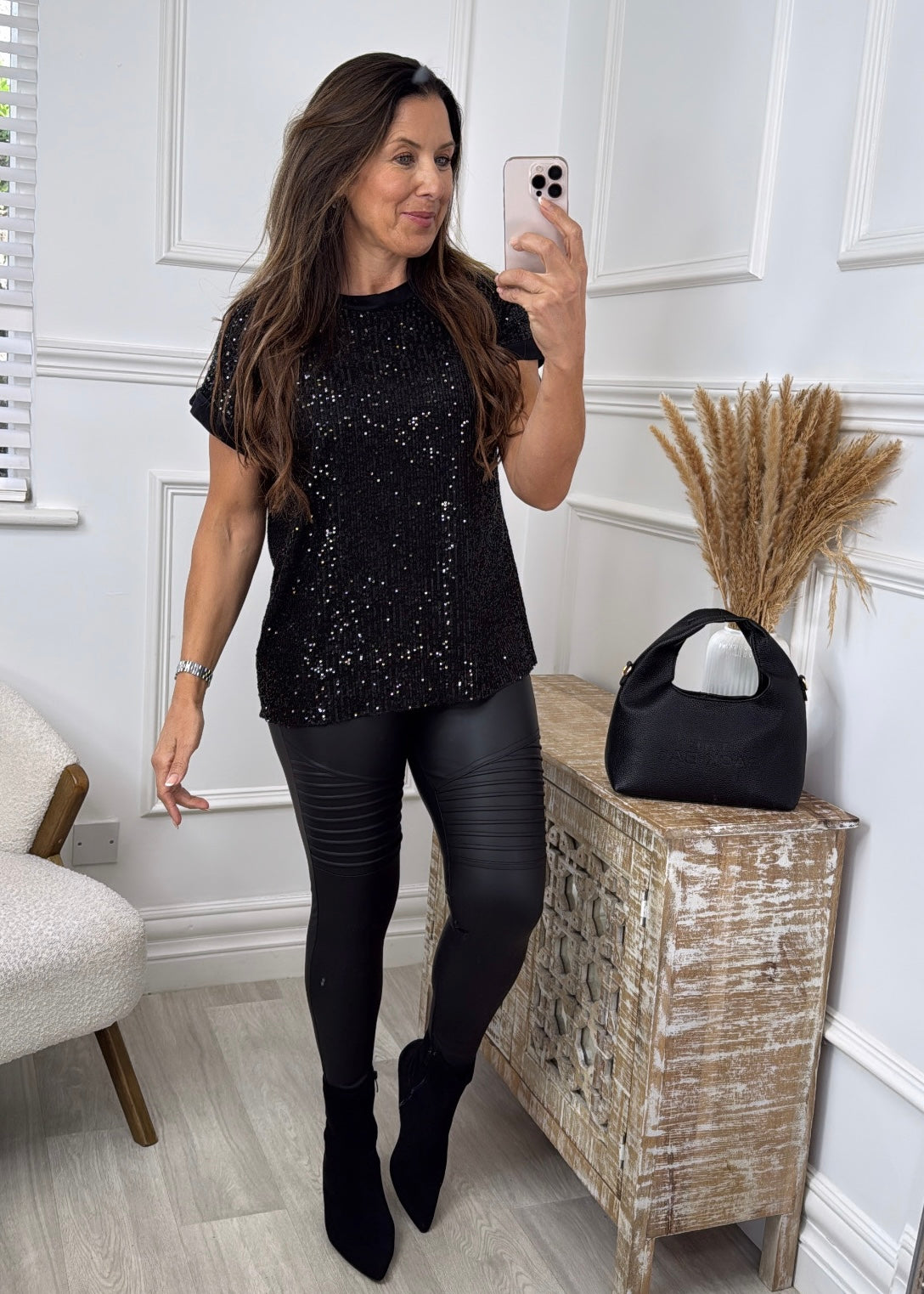 Matilda Black Sequin Short Sleeve Top