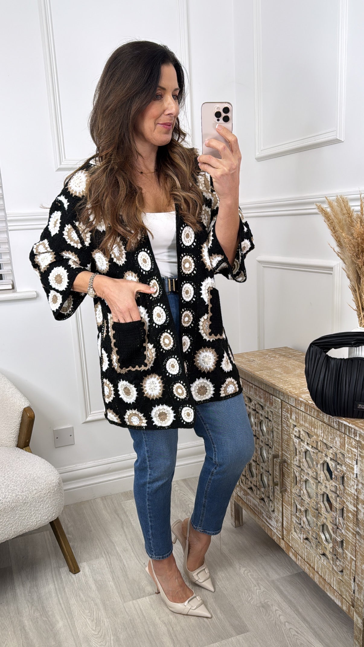 Tina Black Crochet Knit Longline Cardi