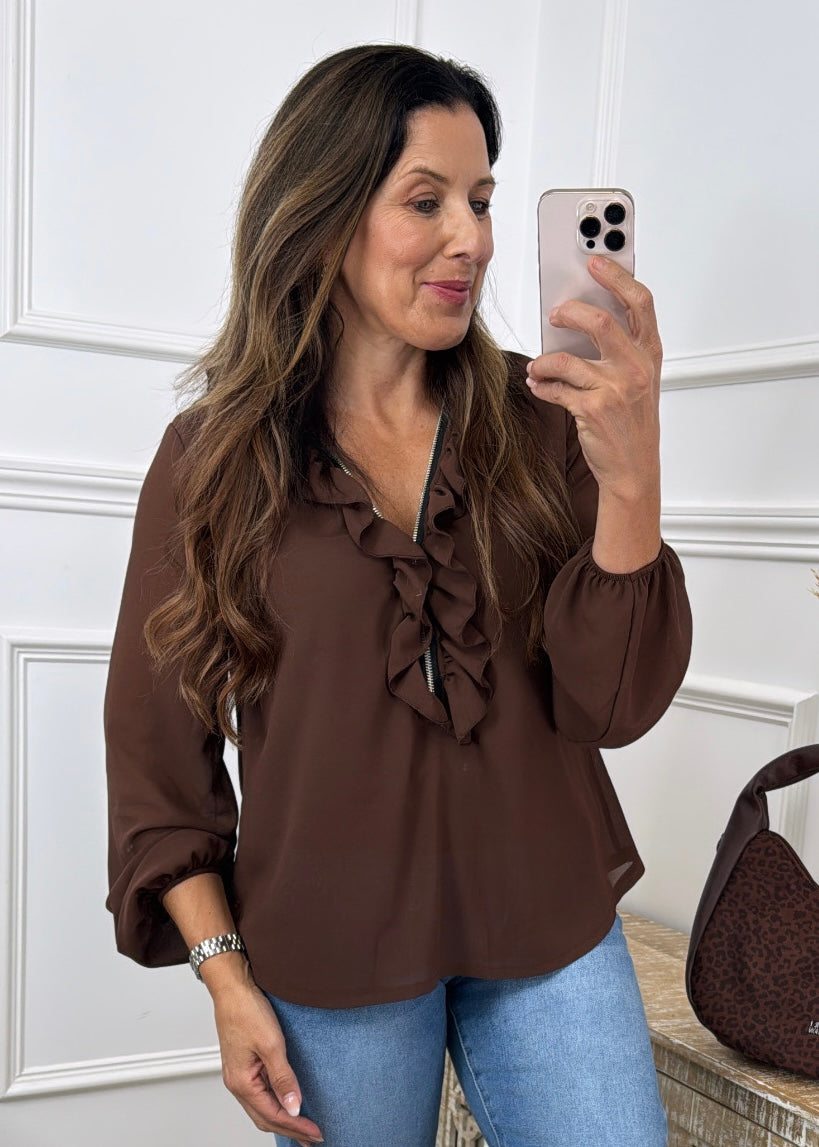 Lenora Brown Ruffle and Zip Neck Top