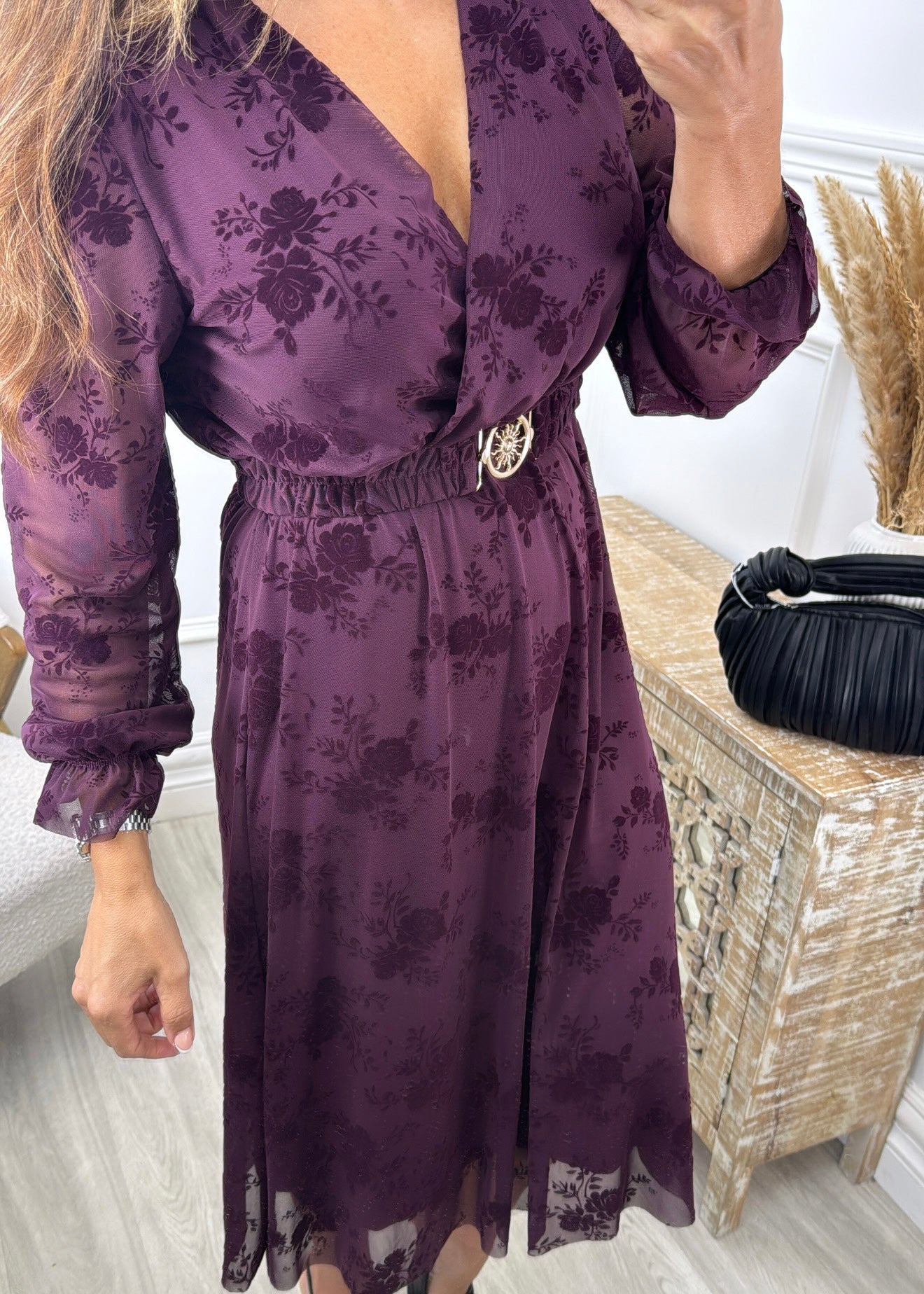 Sofia Wine Floral Belted Dress