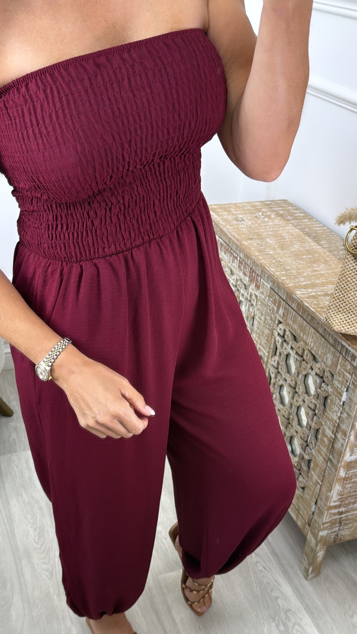 Darragh Wine Bandeaux Jumpsuit with Cuff Leg