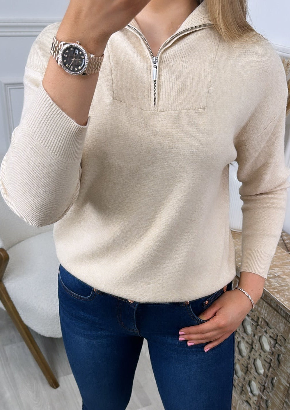 Ariette Beige Zip Detail Pullover