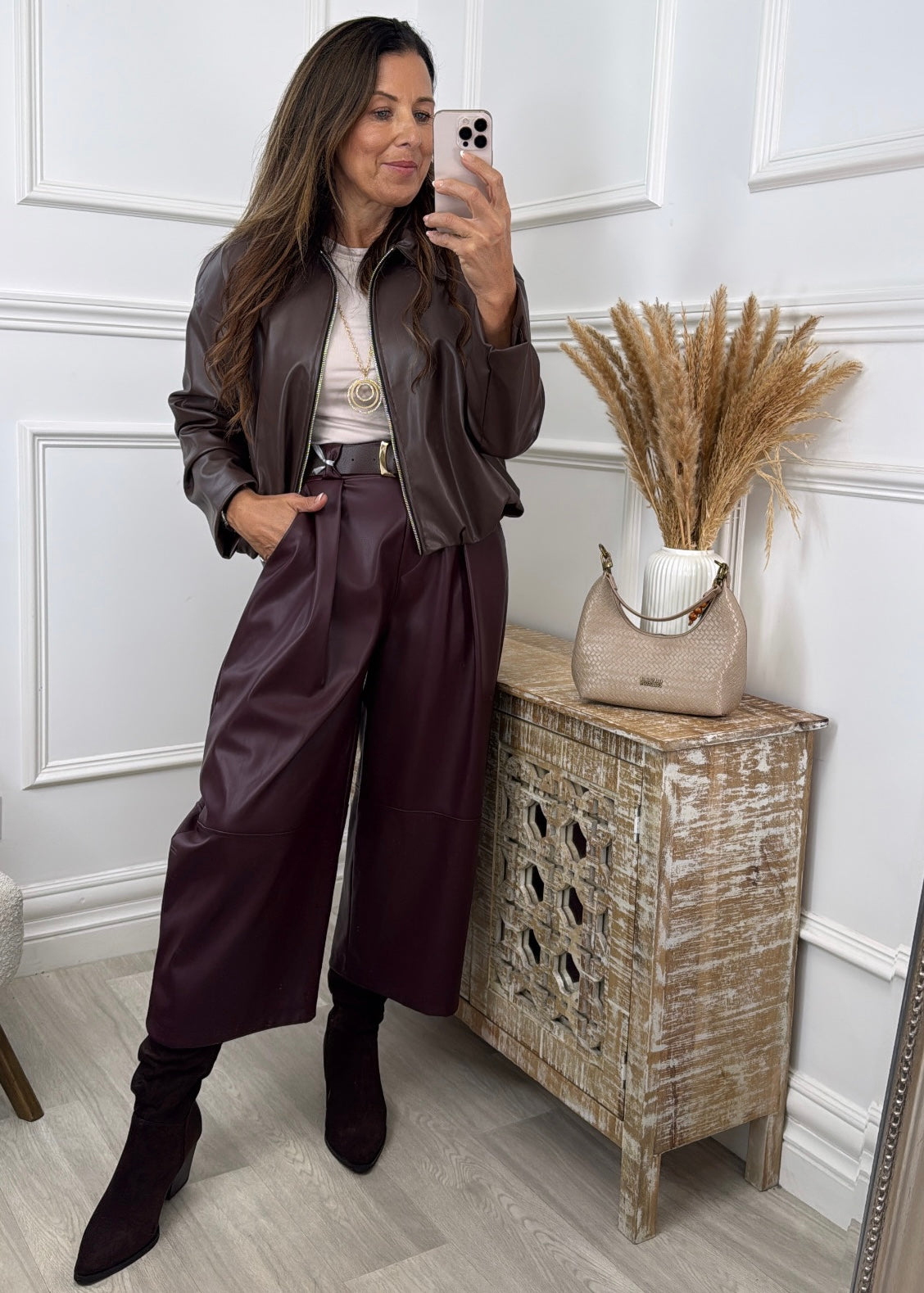 Alayne Wine Belted PU Leather Pants