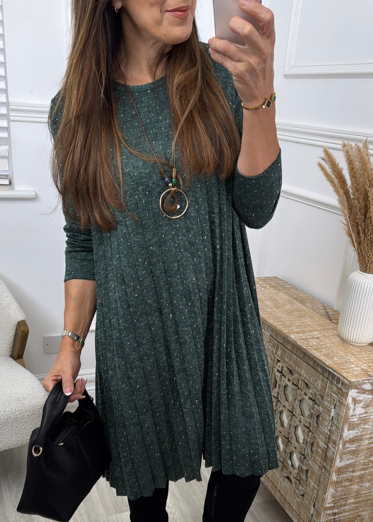 Thomasina Khaki Pleated Knit Dress
