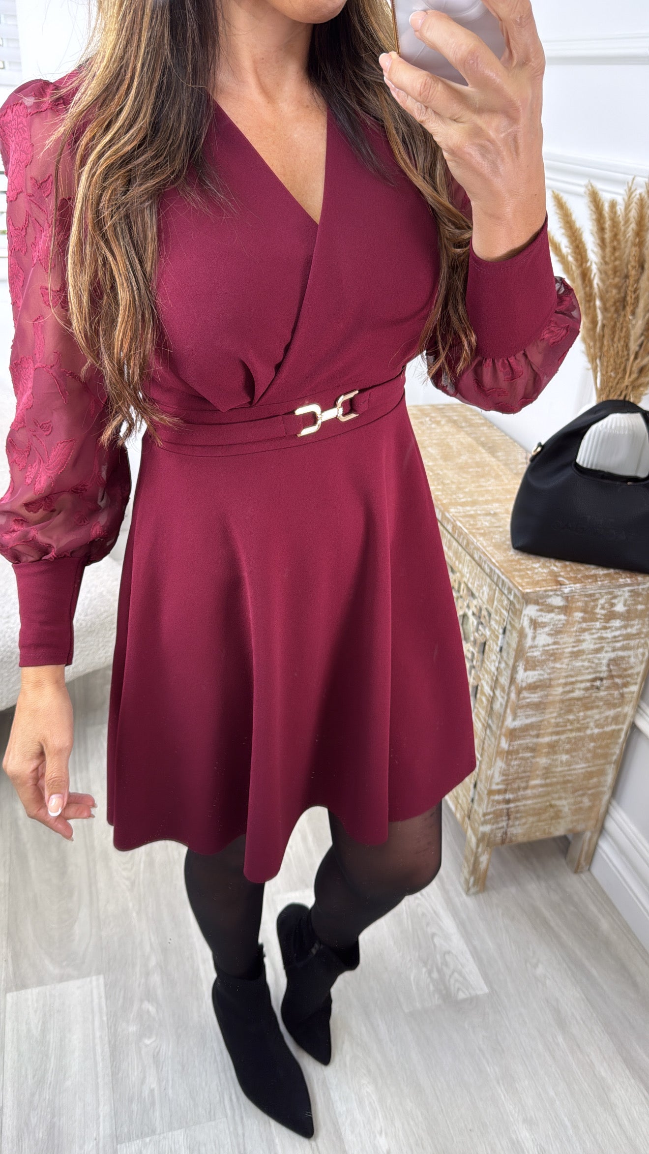 Cassie Wine V Neck A Line Dress