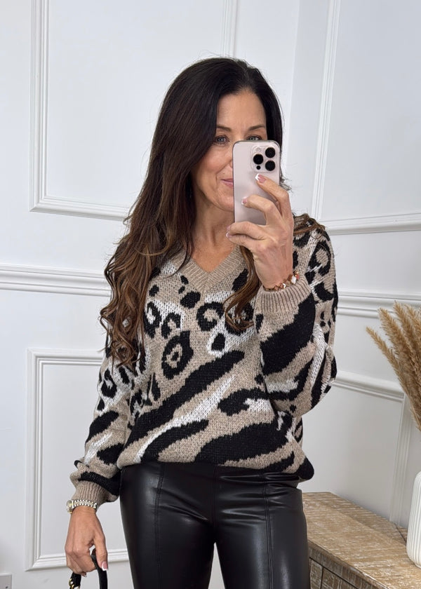 Lomi Beige Black Leopard Print Jumper