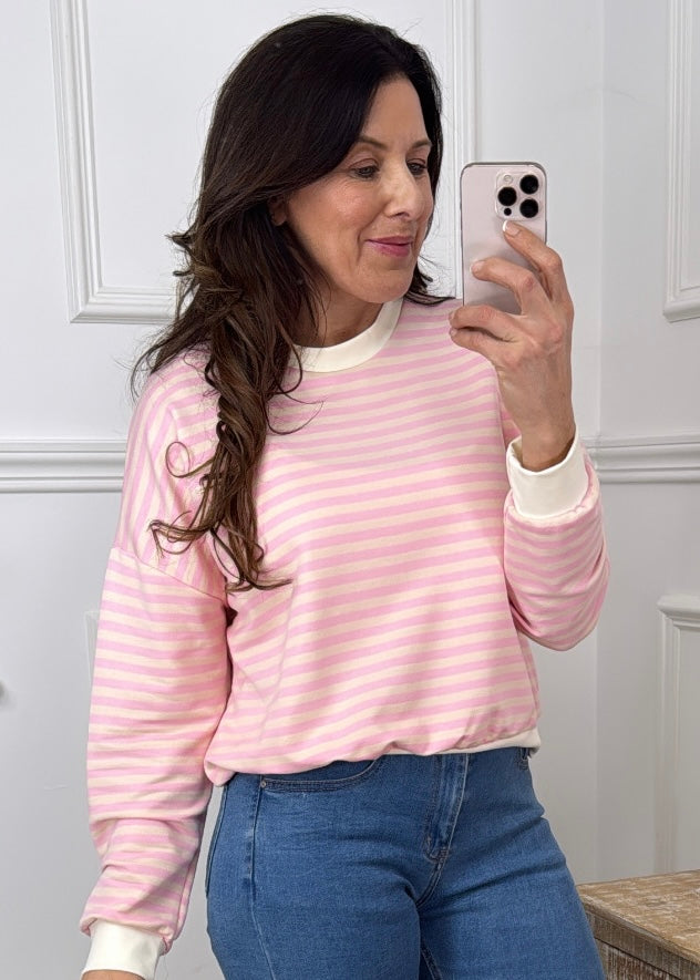 Mirelle Cream And Pink Stripe Sweatshirt