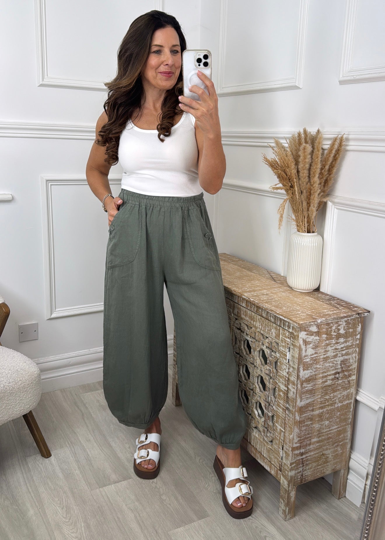 Petula Khaki Harem Linen Trousers