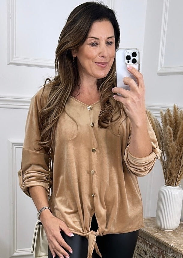 Elicia Camel Velvet Knotted Top