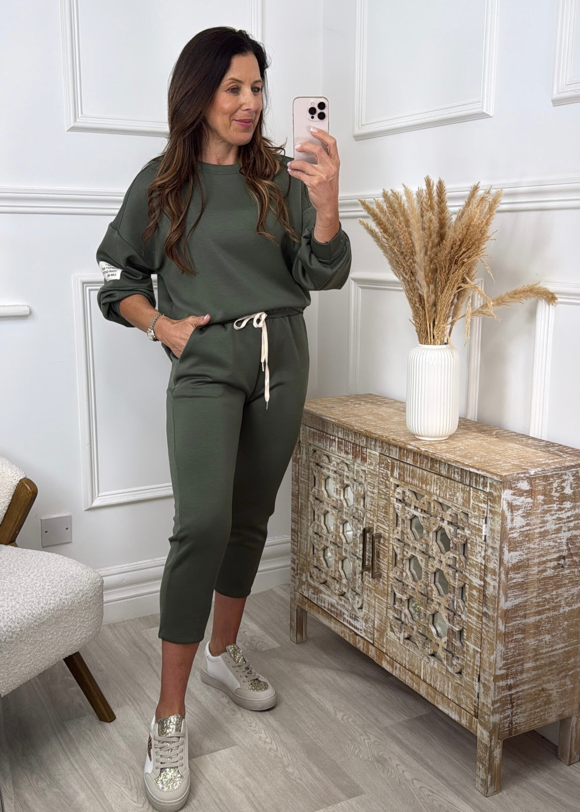 Liana Khaki Dropped Sleeve Sweatshirt Set