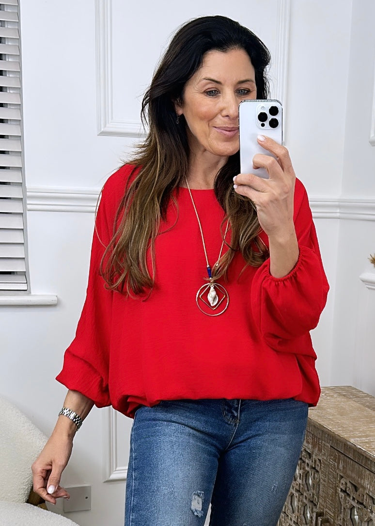Linda Red Batwing Top With Necklace
