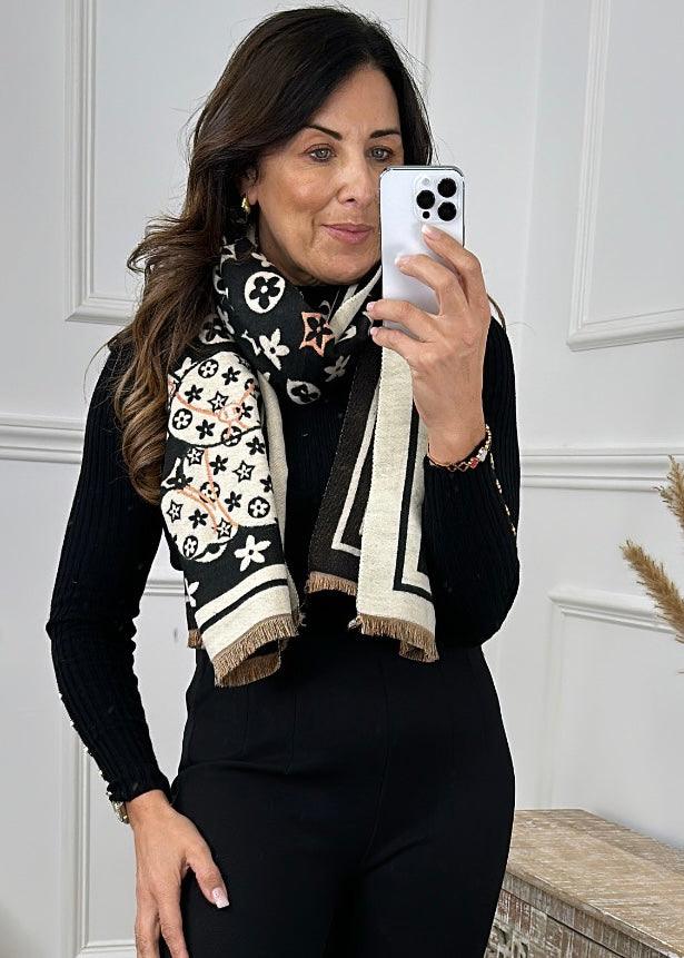 Veronica Beige And Black Pattern Scarf