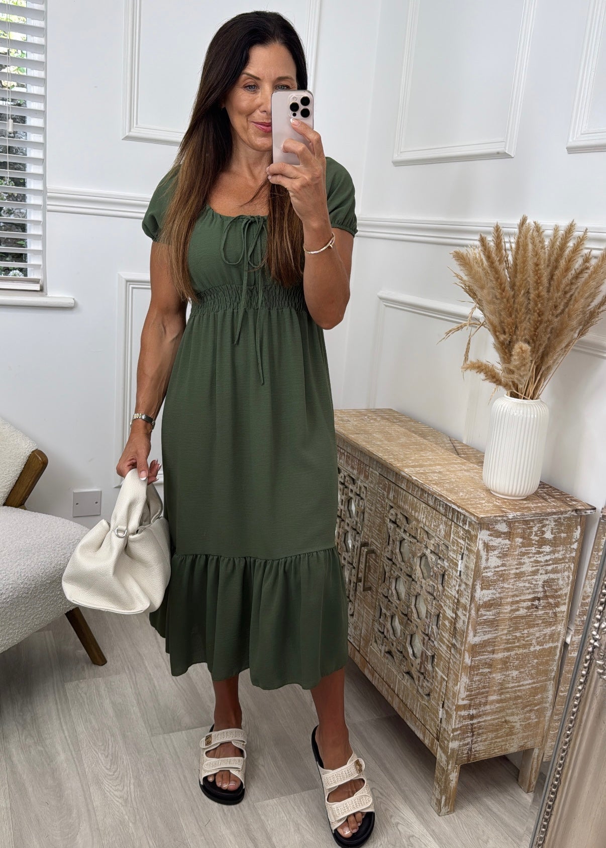 Alanya Khaki Short Sleeved Midi Dress