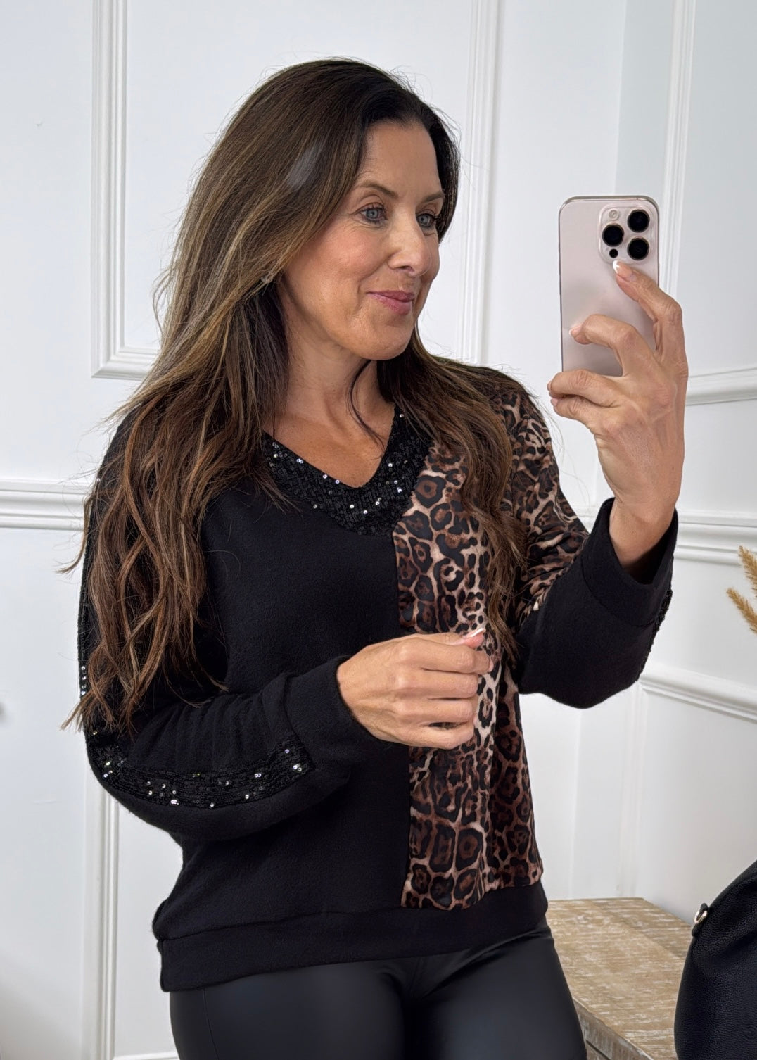 Erin Black V-Neck Leopard Top