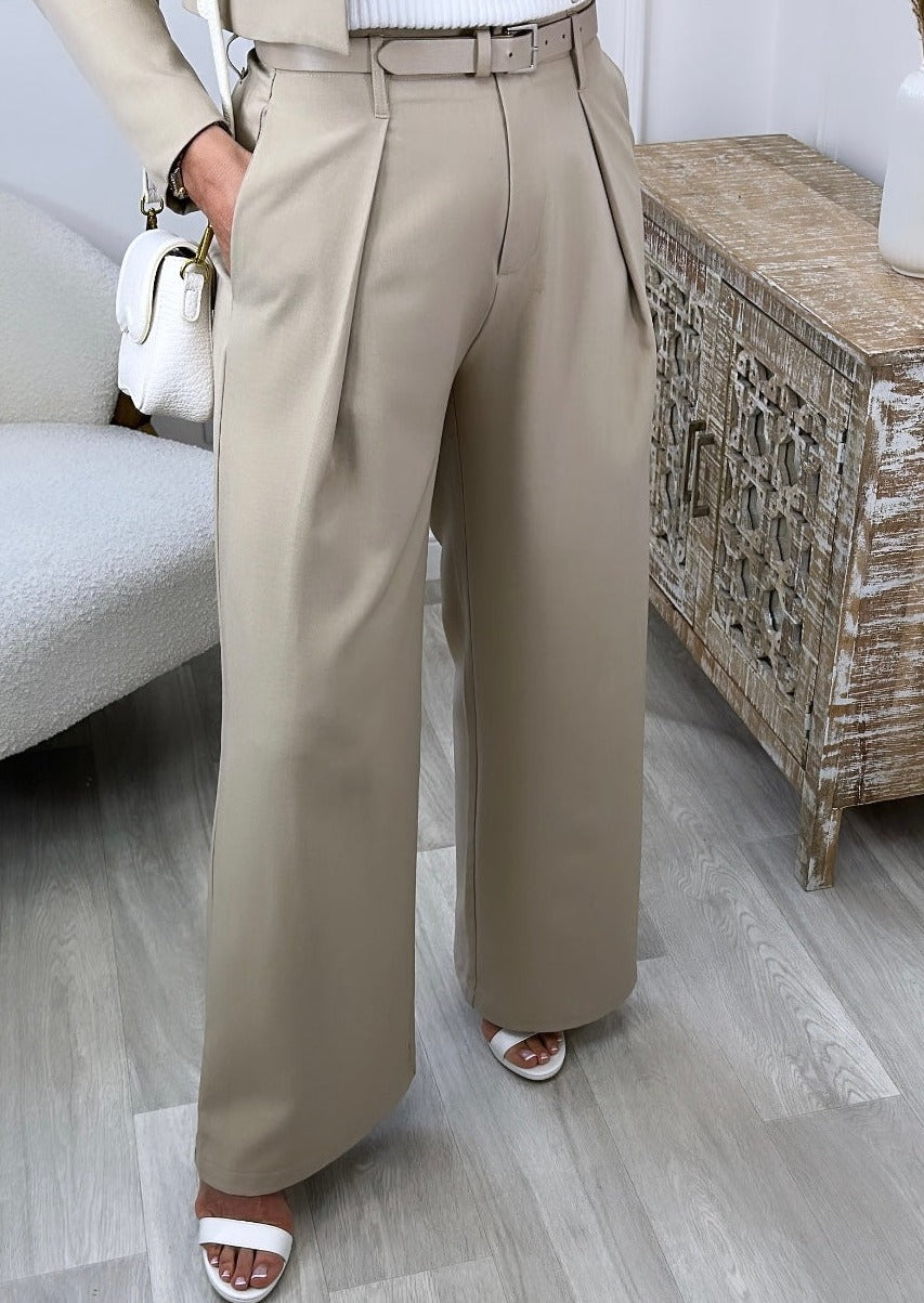 Maureen Beige Pleat Detail Trousers