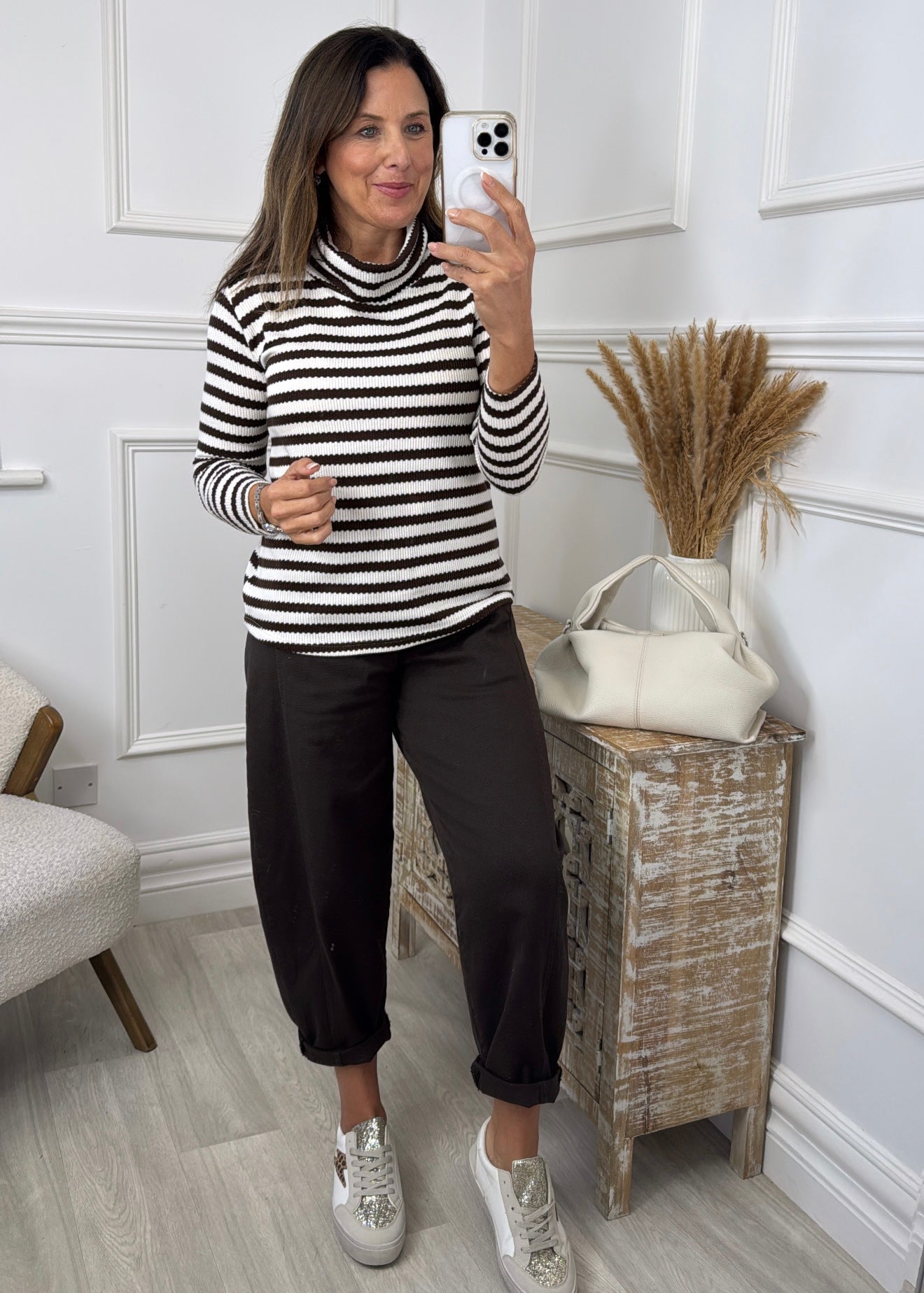 Saskia Brown Striped Roll Neck Top