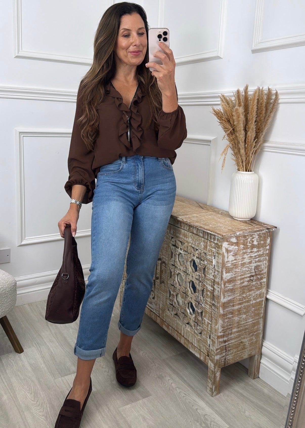 Lenora Brown Ruffle and Zip Neck Top